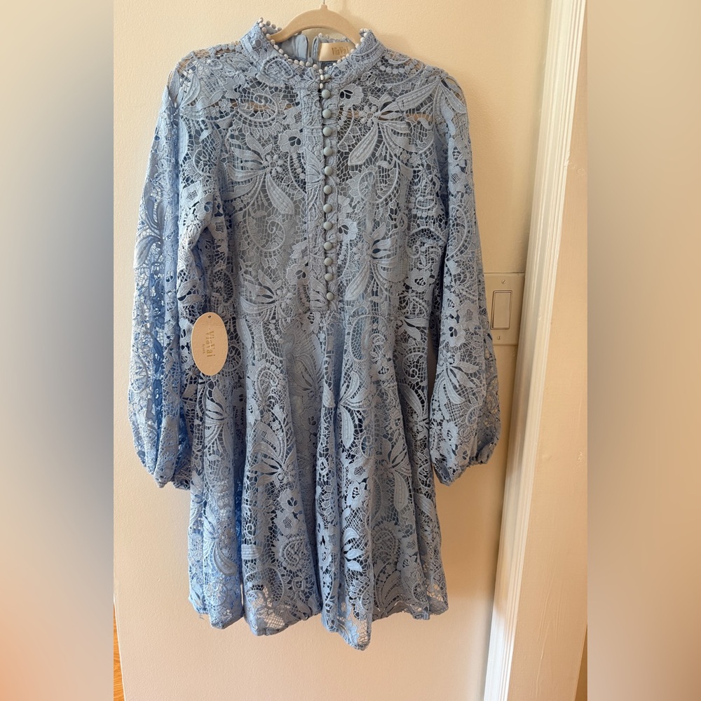 Girls Light Blue Lace Dress with Button Front